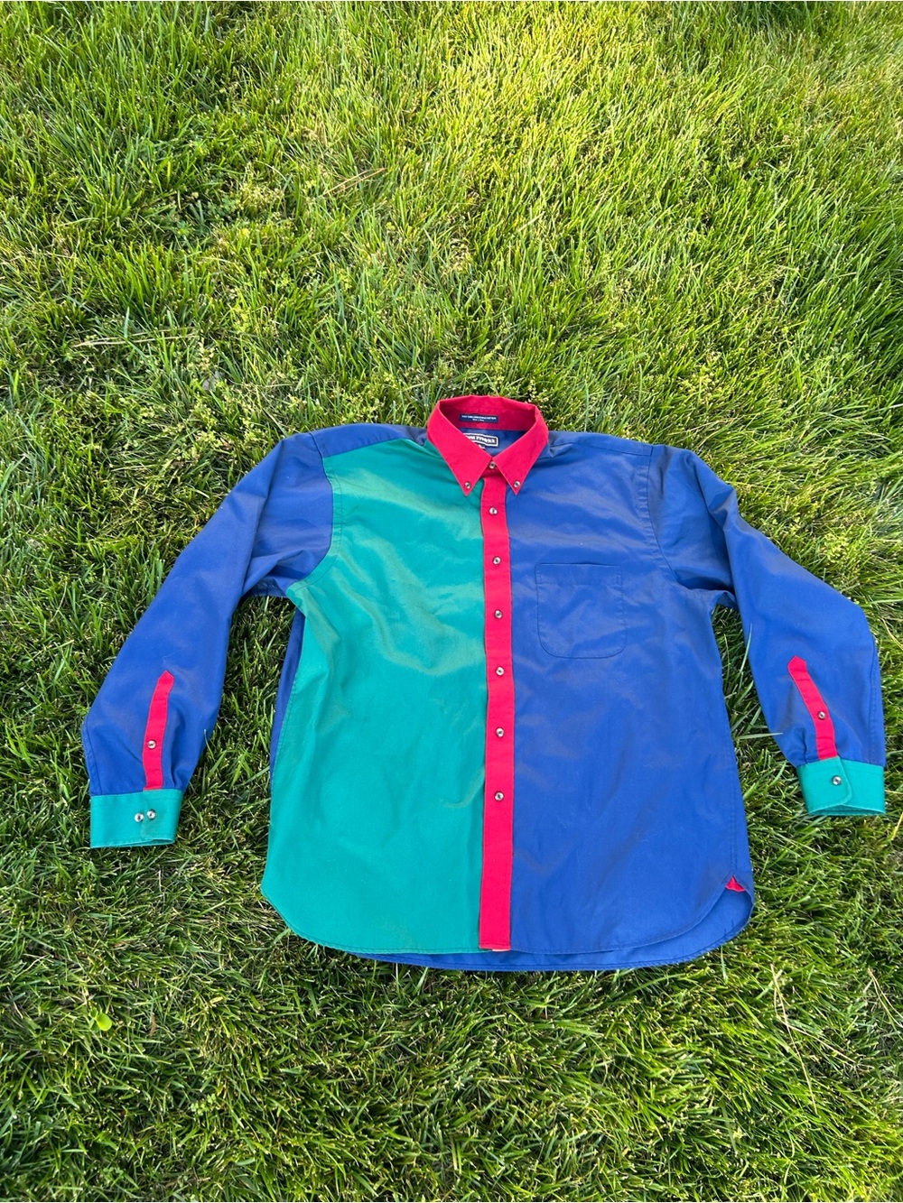 Paul Fredrick Color Block‎ Button Down Shirt size xl blue green burgundy fall